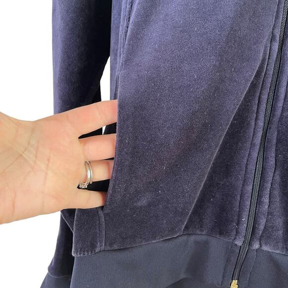 Juicy Couture Y2K Velvet Hoodie Track Jacket Bling Zipper Pull Tab Navy Blue, XL - Picture 8 of 11